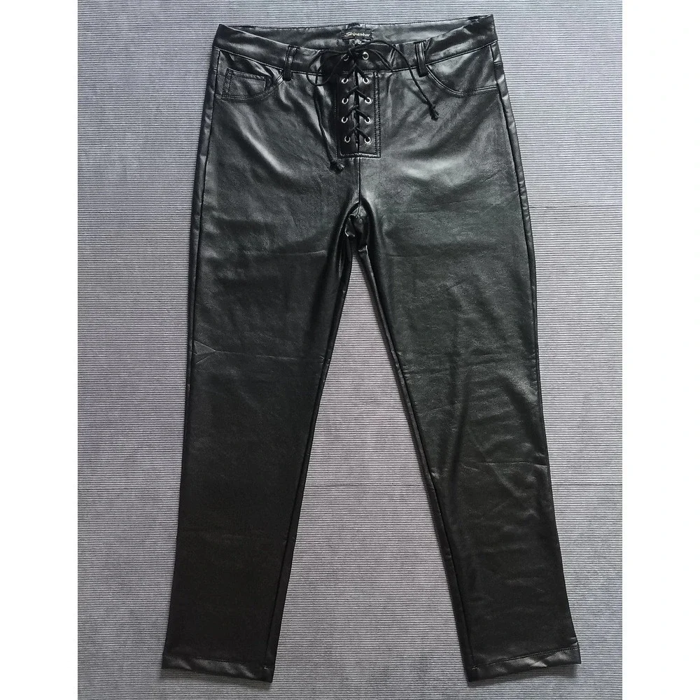 NWT Shinestar Women's Tie Front Black Faux Leather High Waist Pants XL - Picture 2 of 11